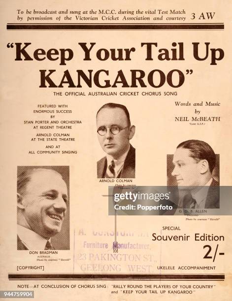 Keep Your Tail Up Kangaroo, the Official Australian Cricket Board Song, with words and music by Neil McBeath, copyright 1932. Four page music score...