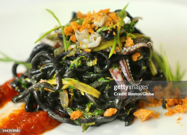 The squid ink chitarra is pictured at Mooncusser Fish House in Boston on April 6, 2018.