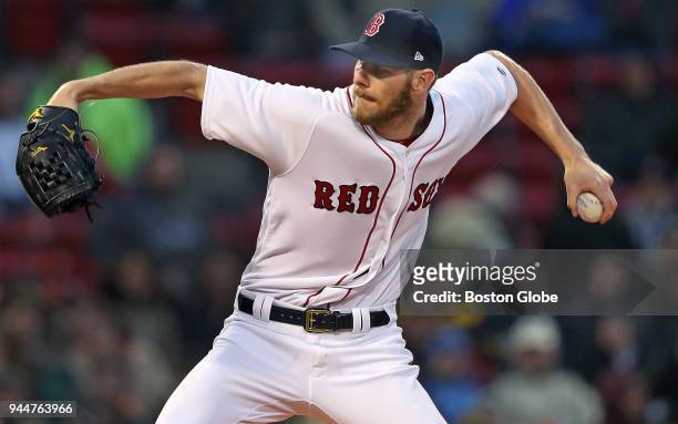 Boston Red Sox starting pitcher Chris Sale fires a top of the first inning pitch. The Boston Red Sox host the New York Yankees in a regular season...