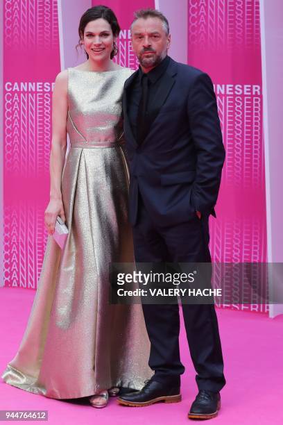 Dutch singer and actress Anna Drijver and Belgian actor Tom Waes pose as they arrive at the closing ceremony of The Canneseries Television Festival...