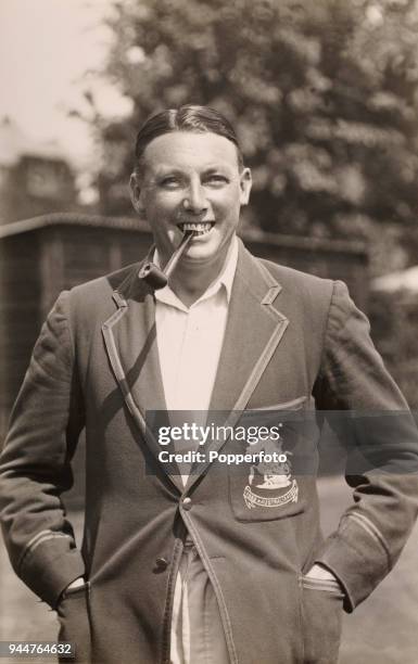 Sussex and England cricketer Maurice Tate, wearing his MCC England tour blazer from the 1932-33 Bodyline series in Australia, circa April 1933.