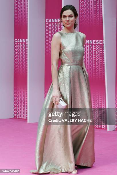 Dutch singer and actress Anna Drijver poses as she arrives at the closing ceremony of The Canneseries Television Festival in Cannes on April 11,...