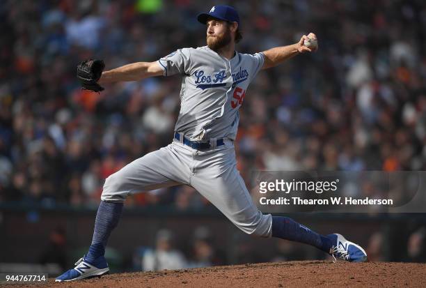 Tony Cingrani of the Los Angeles Dodgers pitches against the San Francisco Giants in the bottom of the six inning of a Major League Baseball game at...