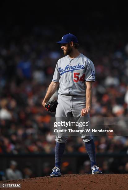 Tony Cingrani of the Los Angeles Dodgers pitches against the San Francisco Giants in the bottom of the six inning of a Major League Baseball game at...