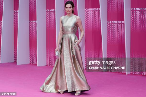 Dutch singer and actress Anna Drijver poses as she arrives at the closing ceremony of The Canneseries Television Festival in Cannes on April 11,...