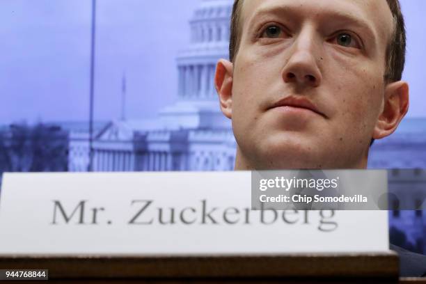 Facebook co-founder, Chairman and CEO Mark Zuckerberg testifies before the House Energy and Commerce Committee in the Rayburn House Office Building...