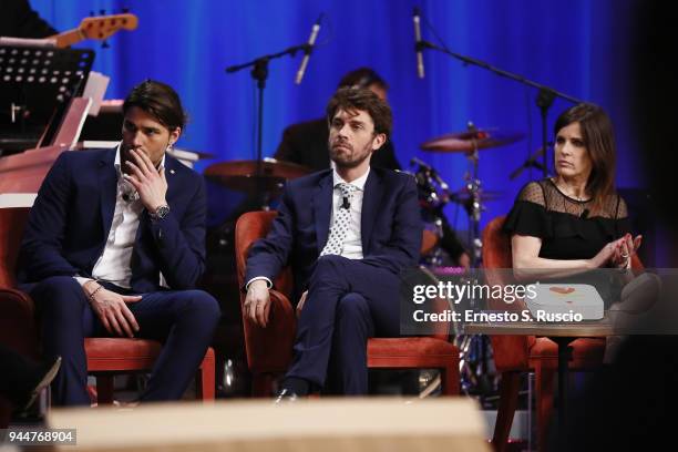 Luca Onestini, Raffaele Tonon and Alessandra Pozzi attend Maurizio Costanzo Show on April 11, 2018 in Rome, Italy.