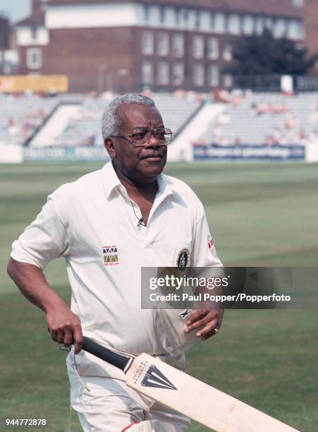 Broadcaster Trevor McDonald batting at the Victory in Europe Celebration match at The Oval on May 6, 1995 in London, England.