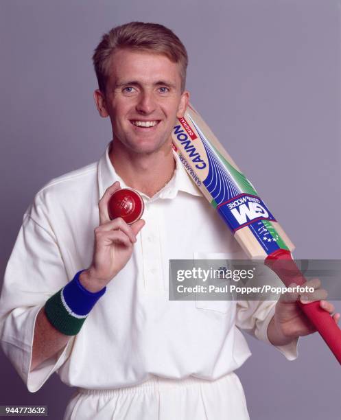 Dominic Cork of Derbyshire and England advertising Gunn & Moore cricket equipment, circa 1993.