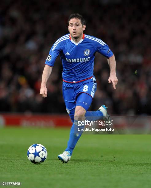 Frank Lampard of Chelsea in action during the UEFA Champions League Quarter-Final second leg match between Manchester United and Chelsea at Old...