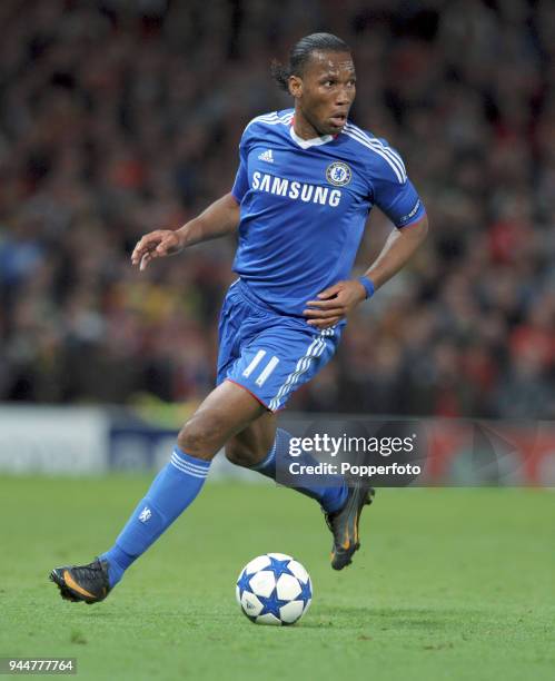 Didier Drogba of Chelsea in action during the UEFA Champions League Quarter-Final second leg match between Manchester United and Chelsea at Old...