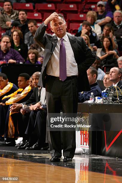 Head coach Jim O'Brien of the Indiana Pacers scratches his head during the game against the Sacramento Kings on December 2, 2009 at Arco Arena in...