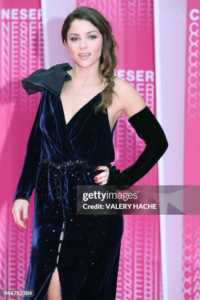 Colombian actress Paulina Davila poses as she arrives at the closing ceremony of The Canneseries Television Festival in Cannes on April 11, 2018. /...