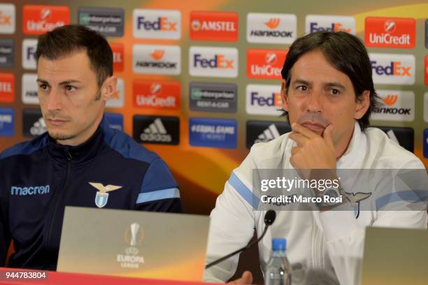 Stefan Radu and SS Lazio head coach Simone Inzaghi during the SS Lazio press conference on April 11, 2018 in Salzburg, Austria.