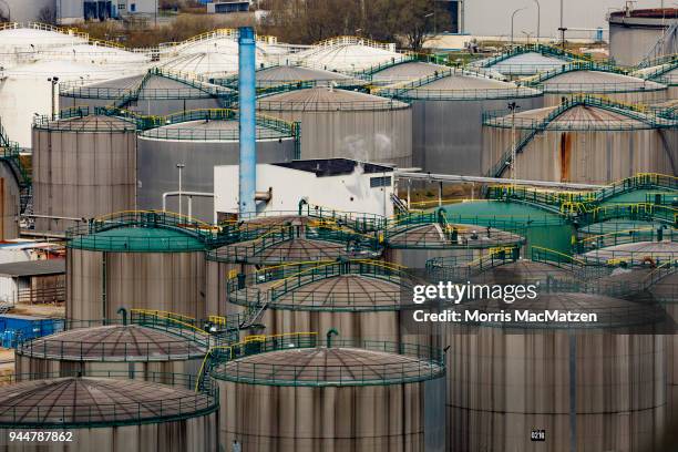 Chemical and mineral oil storage facility is seen at Hamburg Port on April 11, 2018 in Hamburg, Germany. Hamburg Port is Germany's biggest port and...