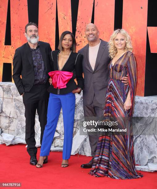 Jeffrey Dean Morgan, Naomie Harris, Dwayne Johnson and Malin Akerman attend the European Premiere of 'Rampage' at Cineworld Leicester Square on April...