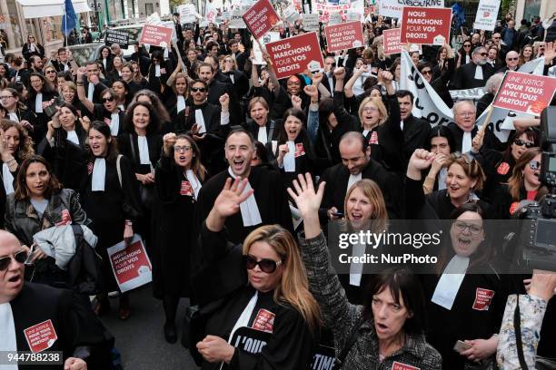 Lawyers take part in a demonstration as part of a nationwide action day by magistrates against a draft law to reform the French justice system in...