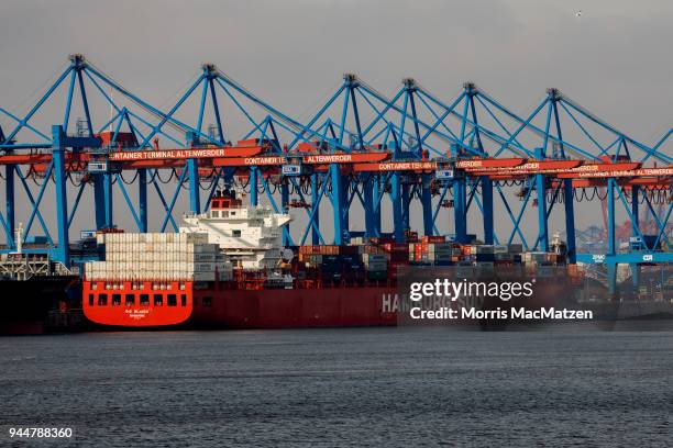 Container ship is seen at the 'Altenwerder' Terminal at Hamburg Port on April 11, 2018 in Hamburg, Germany. Hamburg Port is Germany's biggest port...
