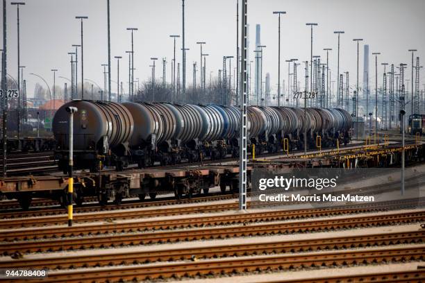 Boxcars stand on sidings at Hamburg Port on April 11, 2018 in Hamburg, Germany. Hamburg Port is Germany's biggest port and handles approximately 145...