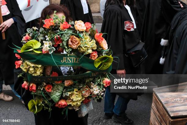 Lawyers take part in a demonstration as part of a nationwide action day by magistrates against a draft law to reform the French justice system in...