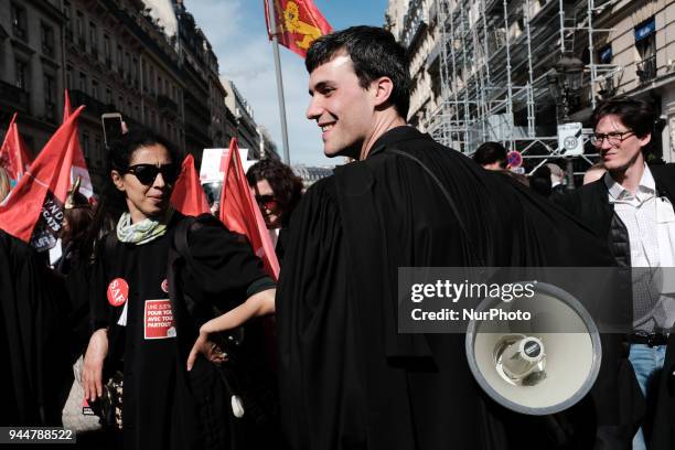 Lawyers take part in a demonstration as part of a nationwide action day by magistrates against a draft law to reform the French justice system in...