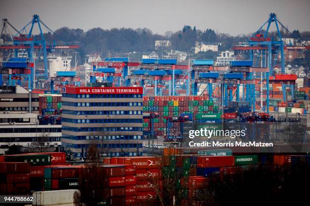 Shipping containers stand stacked at Hamburg Port on April 11, 2018 in Hamburg, Germany. Hamburg Port is Germany's biggest port and handles...