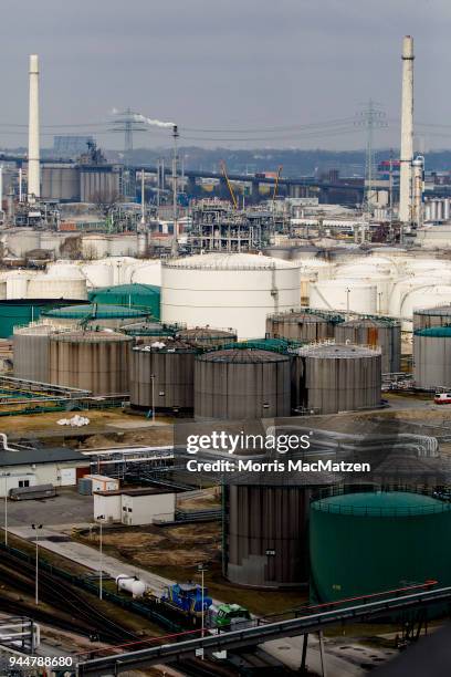 Chemical and mineral oil storage facility is seen at Hamburg Port on April 11, 2018 in Hamburg, Germany. Hamburg Port is Germany's biggest port and...
