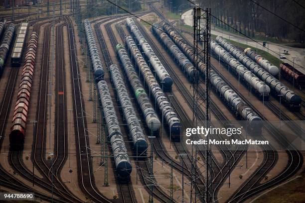Boxcars stand on sidings at Hamburg Port on April 11, 2018 in Hamburg, Germany. Hamburg Port is Germany's biggest port and handles approximately 145...