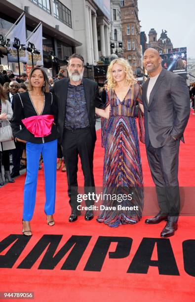 Jeffrey Dean Morgan, Naomie Harris, Malin Akerman and Dwayne Johnson attend the European Premiere of "Rampage" at Cineworld Leicester Square on April...