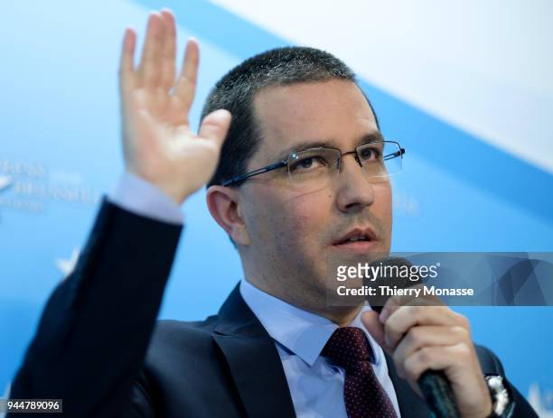 Brussels, BELGIUM - APRIL 11; 2018: Venezuelan Minister of Foreign Affairs Jorge Arreaza talks to media after a meeting with EU officials on April...