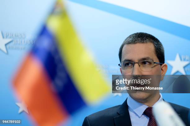 Brussels, BELGIUM - APRIL 11; 2018: Venezuelan Minister of Foreign Affairs Jorge Arreaza talks to media after a meeting with EU officials on April...
