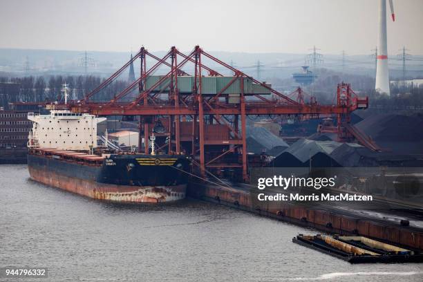 An ore carrier is seen at Hamburg Port on April 11, 2018 in Hamburg, Germany. Hamburg Port is Germany's biggest port and handles approximately 145...