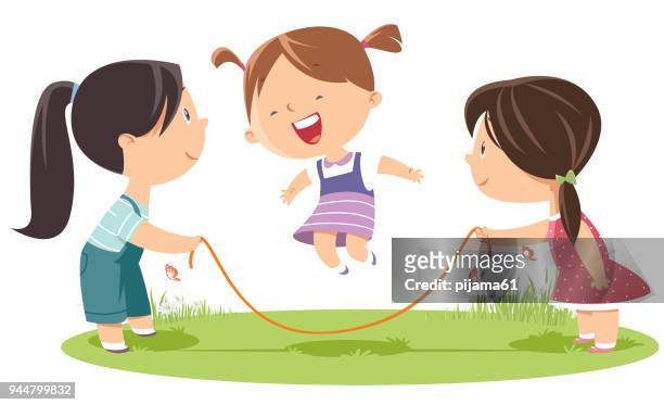 girls playing jump rope - friendship stock illustrations