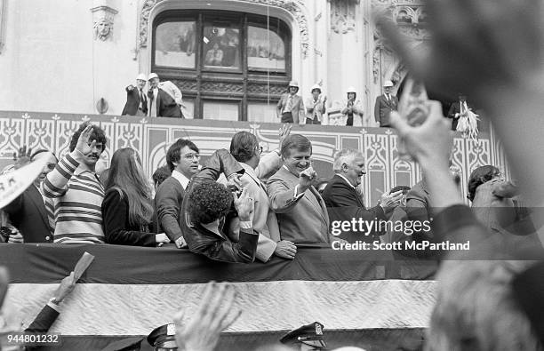 New York - George Steinbrenner and other New York Yankees team members ride down Broadway's Canyon Of Heroes during a ticker tape parade. The parade...