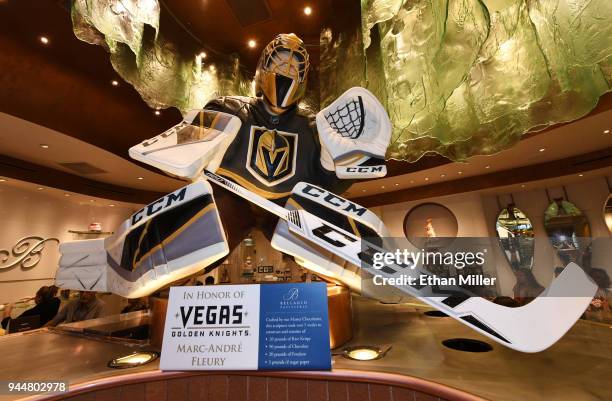 The Bellagio Patisserie honors the Vegas Golden Knights with a nearly five-foot-tall chocolate sculpture of goaltender Marc-Andre Fleury ahead of...