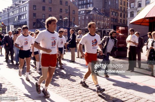 Amputee Ted Kennedy, Jr and amputee Jeff Keith raise money for American Cancer Society in Jeff Keith's Run Across America on June 4, 1984 in Boston,...