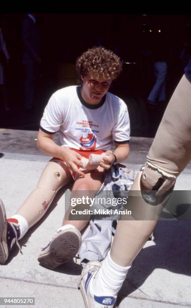 Amputee Ted Kennedy, Jr and amputee Jeff Keith raise money for American Cancer Society in Jeff Keith's Run Across America on June 4, 1984 in Boston,...