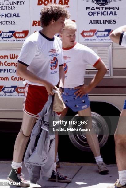 Amputee Ted Kennedy, Jr and amputee Jeff Keith raise money for American Cancer Society in Jeff Keith's Run Across America on June 4, 1984 in Boston,...