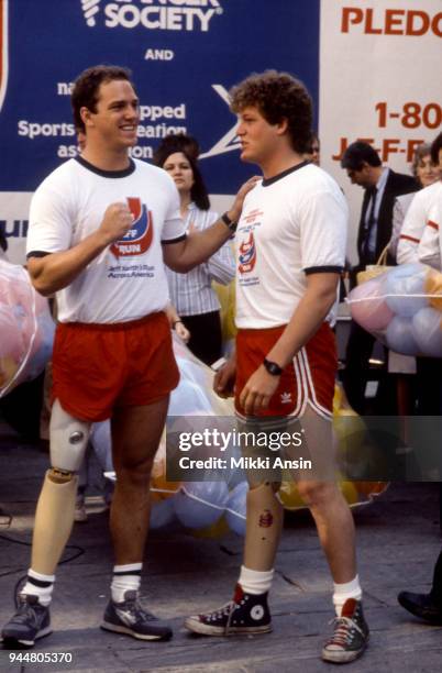 Amputee Ted Kennedy, Jr and amputee Jeff Keith raise money for American Cancer Society in Jeff Keith's Run Across America on June 4, 1984 in Boston,...