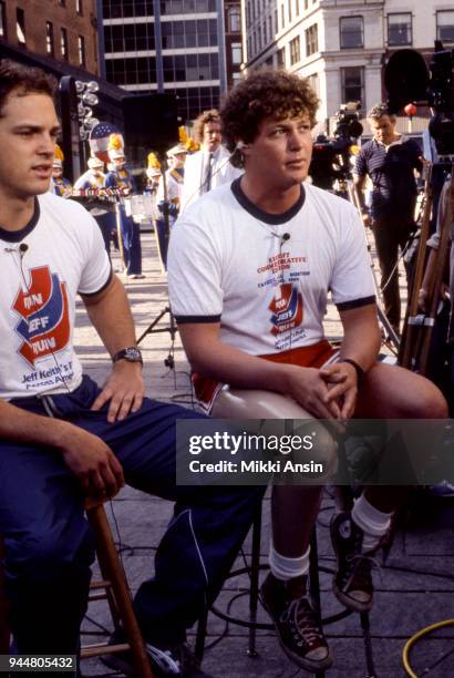 Amputee Ted Kennedy, Jr and amputee Jeff Keith raise money for American Cancer Society in Jeff Keith's Run Across America on June 4, 1984 in Boston,...