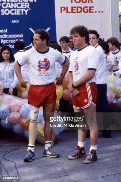 Amputee Ted Kennedy, Jr and amputee Jeff Keith raise money for American Cancer Society in Jeff Keith's Run Across America on June 4, 1984 in Boston,...