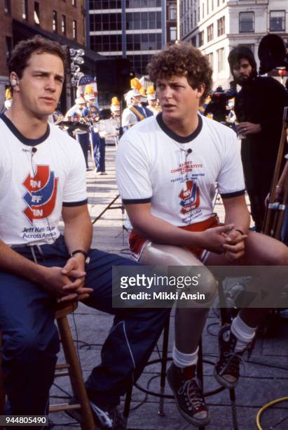 Amputee Ted Kennedy, Jr and amputee Jeff Keith raise money for American Cancer Society in Jeff Keith's Run Across America on June 4, 1984 in Boston,...