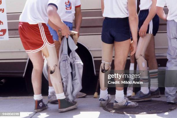 Amputee Ted Kennedy, Jr and amputee Jeff Keith raise money for American Cancer Society in Jeff Keith's Run Across America on June 4, 1984 in Boston,...