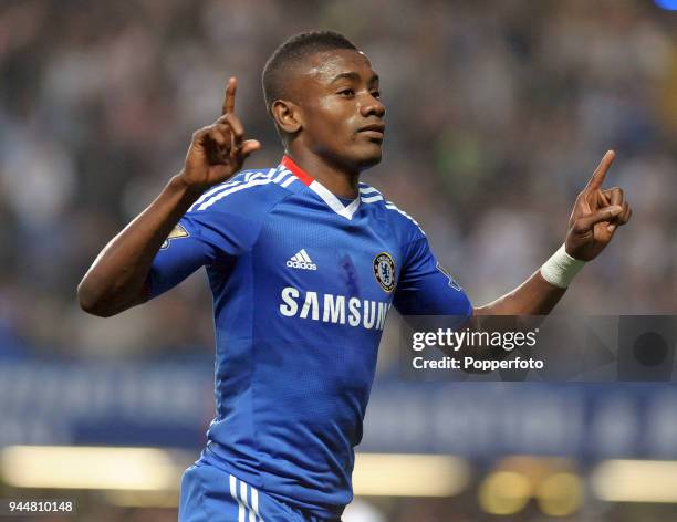 Salomon Kalou of Chelsea celebrates after scoring a goal during the Barclays Premier League match between Chelsea and Birmingham City at Stamford...