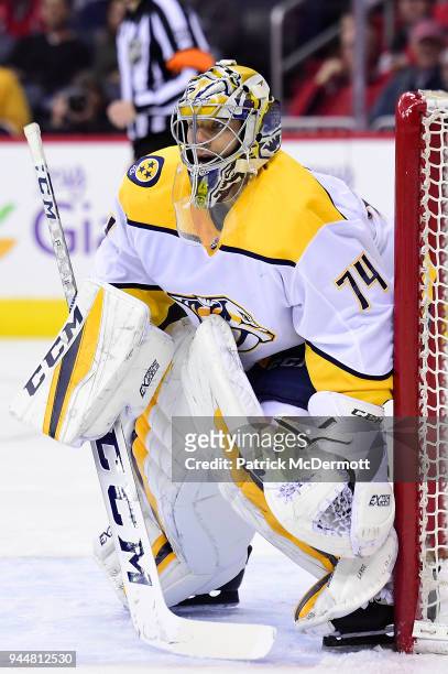 Juuse Saros of the Nashville Predators in action in the first period against the Washington Capitals at Capital One Arena on April 5, 2018 in...