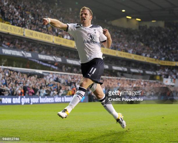 Rafael van der Vaart of Tottenham Hotspur celebrates after scoring a goal during the Barclays Premier League match between Tottenham Hotspur and...