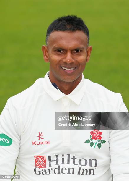 Shivnarine Chanderpaul of Lancashire CCC poses for a portrait during a Lancashire CCC photocall at Old Trafford on April 11, 2018 in Manchester,...