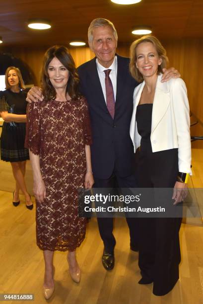 Iris Berben, Ulrich Wickert and CEO Gruner + Jahr Julia Jaekel attend the Nannen Award 2018 at Elbphilharmonie on April 11, 2018 in Hamburg, Germany.