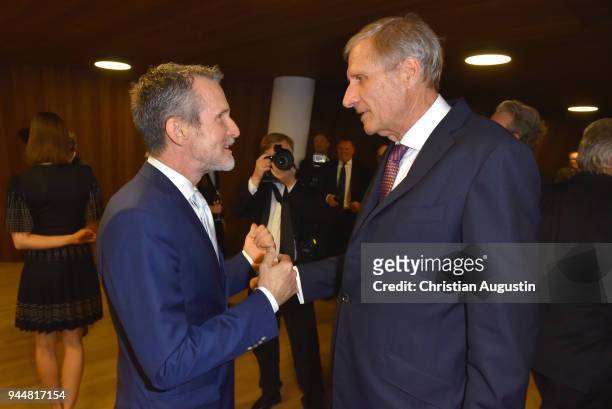 Ulrich Matthes and Ulrich Wickert attend the Nannen Award 2018 at Elbphilharmonie on April 11, 2018 in Hamburg, Germany.