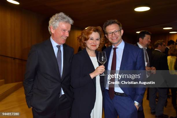 Moritz Mueller-Wirth, Sabine Rueckert and Florian Illies attend the Nannen Award 2018 at Elbphilharmonie on April 11, 2018 in Hamburg, Germany.